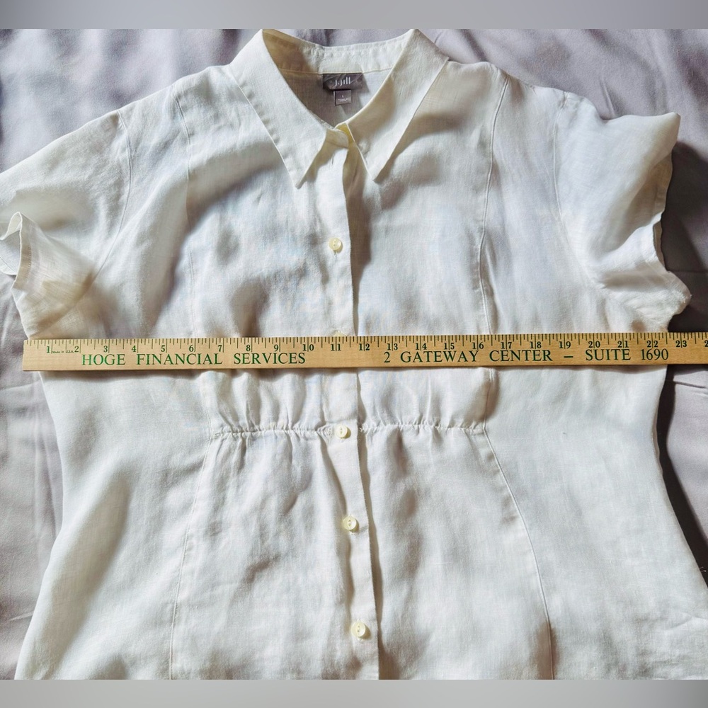 J.Jill 100% Linen Collared Button Down Cinched Short Sleeve White Top Size Large - Picture 10 of 11